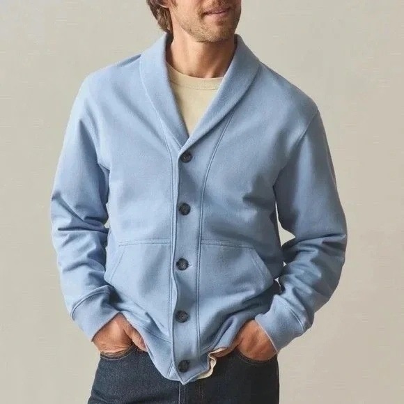 American Giant Cardigan Sweater Mens M Infinity Blue Button Front Shawl Collar